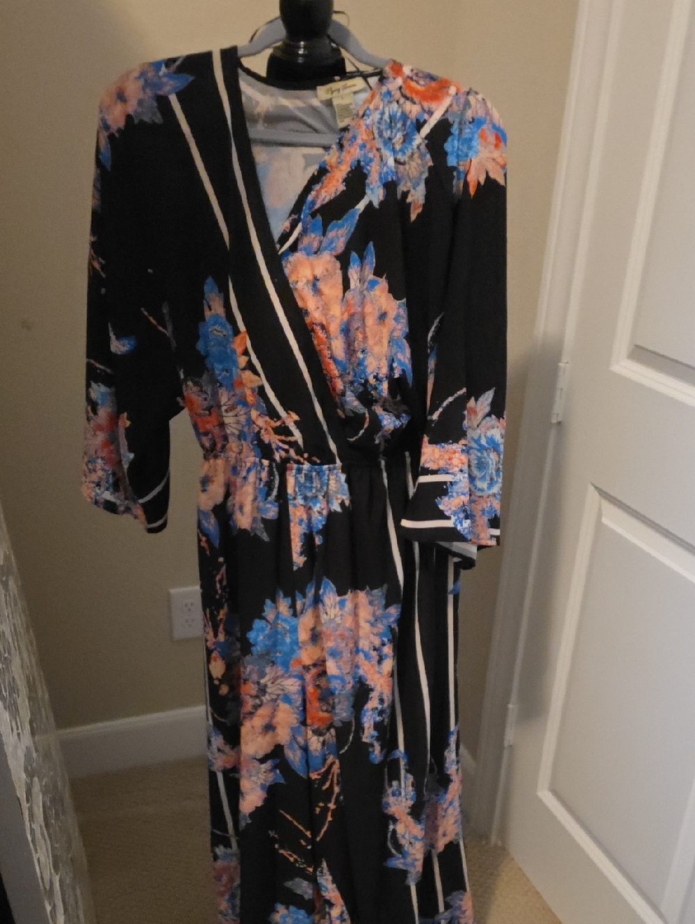 Black Floral Jumpsuit with Blue & Peach Blooms